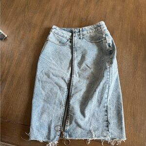 Light Blue Denim Midi Skirt with Front Zip